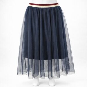 ELVI Navy Blue Tulle Midi Skirt Pleated Elastic Stripe L Streetwear Grunge Y2K